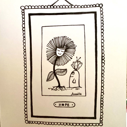 Flower with creature sketch new, original pen drawing frame
