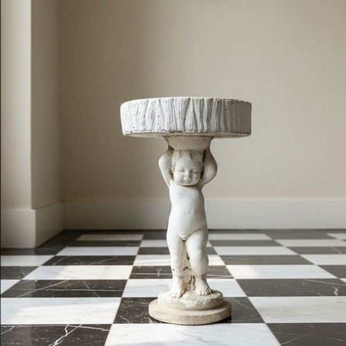Vintage cement garden decoration with cherub angel used