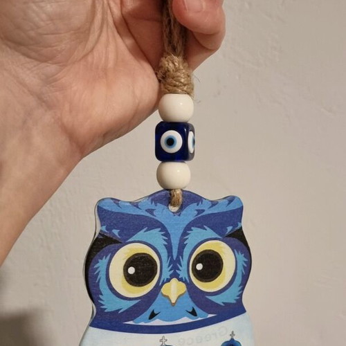 Owl Greece Hanging Glass Charm with Eye and Island 24x13x9cm new