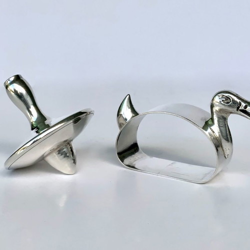 Set of 2 silver decorative items 900 & 925 used, duck and spinning top