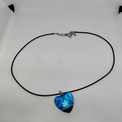 Handmade Heart Necklace with Blue Liquid Glass and Black Cord like new