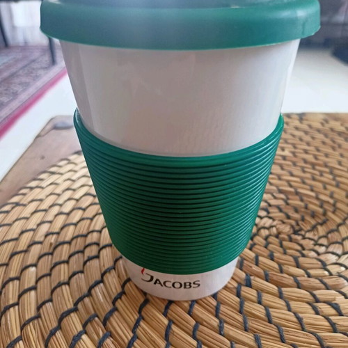 Jacobs reusable clay mug with rubber handle like new