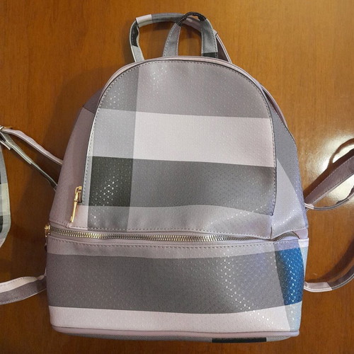 Women's backpack bag new, gray and purple faux leather