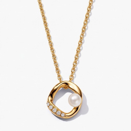 Pandora necklace with irregular circle pendant, pavé stones, 14K gold