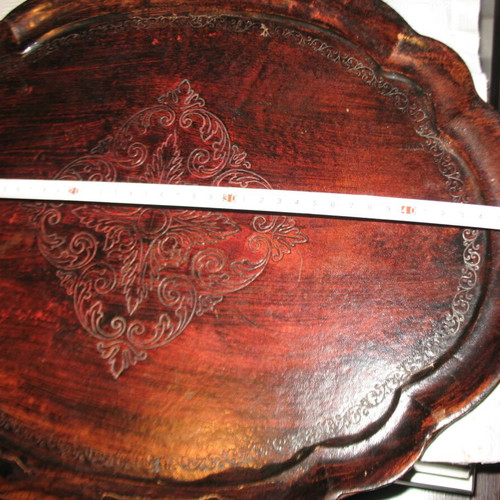 Wooden carved serving tray used with patina