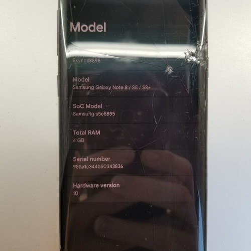 Samsung S8 smartphone with cracked screen and new battery