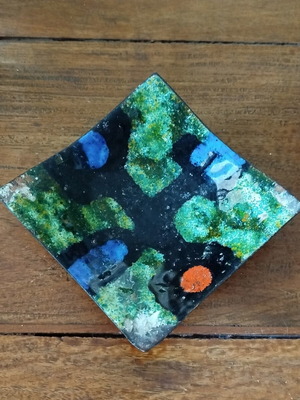 Vintage enamel on iron decorative plate, Mid-Century Modern style