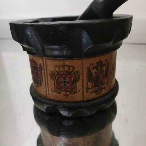 Wooden mortar used with pestle and 9 flags collectible