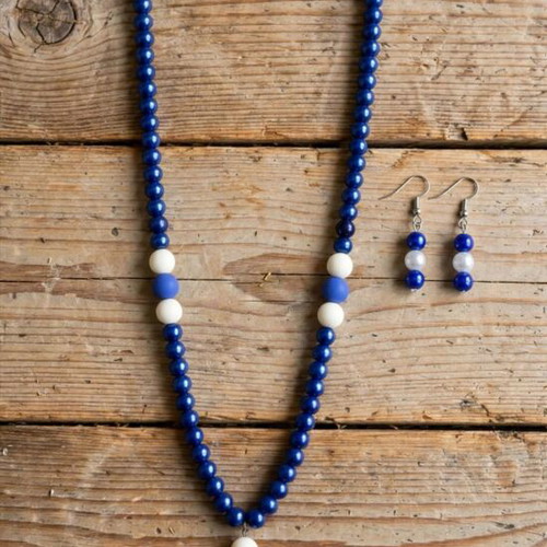 Handmade, blue white beaded long necklace and earings