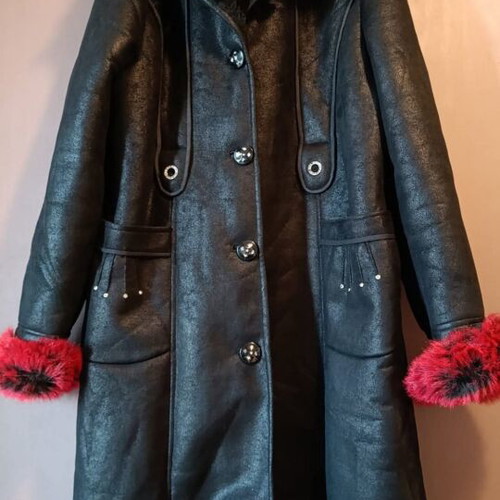 Antares shearling coat with red faux fur hood and cuffs