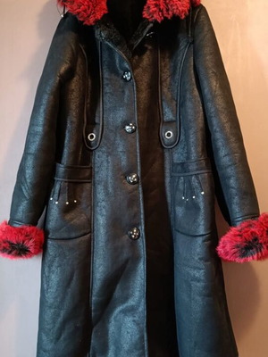Antares shearling coat with red faux fur hood and cuffs