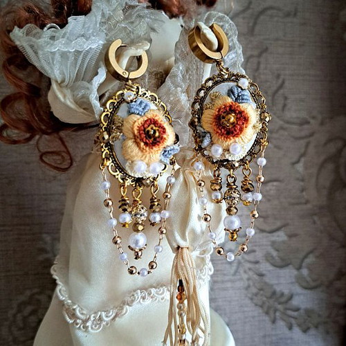 Handmade embroidered vintage earrings with yellow flower and pearls