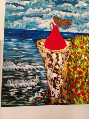 Painting on canvas 70x50 cm, new, woman looking at the sea