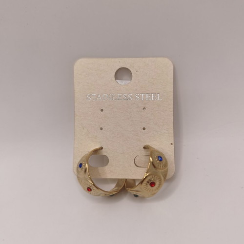 Wide stainless steel hoop earrings with embossed suns and colored crystals