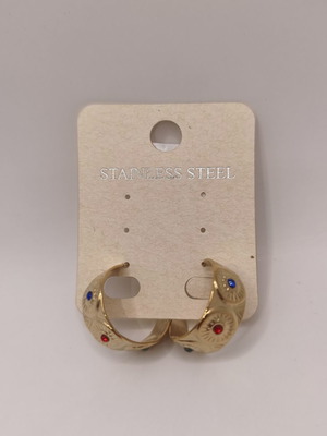 Wide stainless steel hoop earrings with embossed suns and colored crystals
