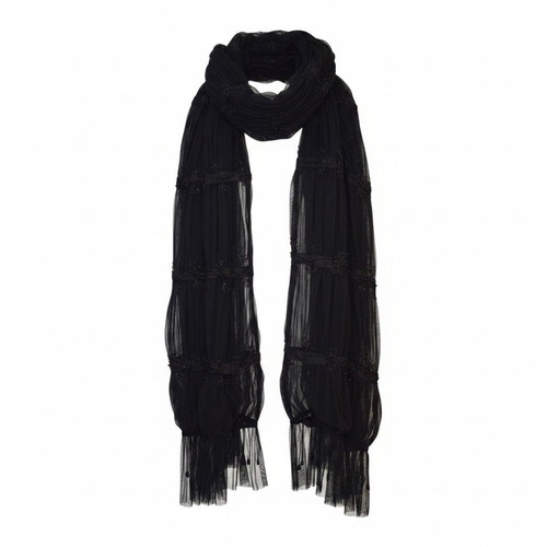 Vintage black silk chiffon scarf with bead embroidery used