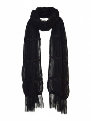 Vintage black silk chiffon scarf with bead embroidery used