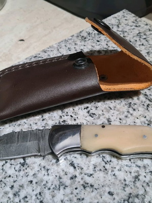 Damask folding knife handmade with leather sheath and camel bone handle new