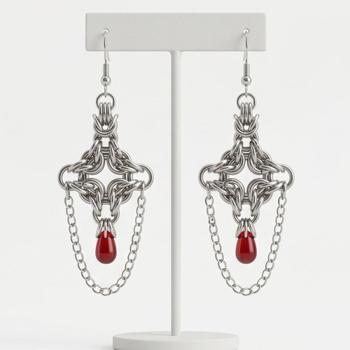 Byzantine Diamond Chain Earrings new, steel with red bead