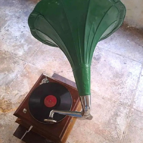 Gramophone Horn Ceiling Light vintage used, green restored