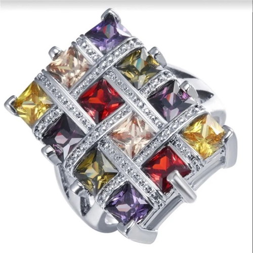 Ring with Colorful Cubic Zirconia New, Silver Plated Metal
