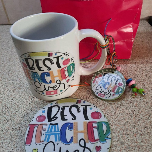Gift mug for teacher with coaster and keychain, new