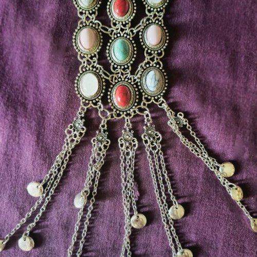 Boho long necklace silver with multicolor cabochons like new