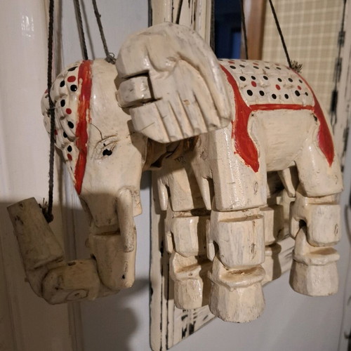 Wooden elephant marionette vintage ethnic handmade, used