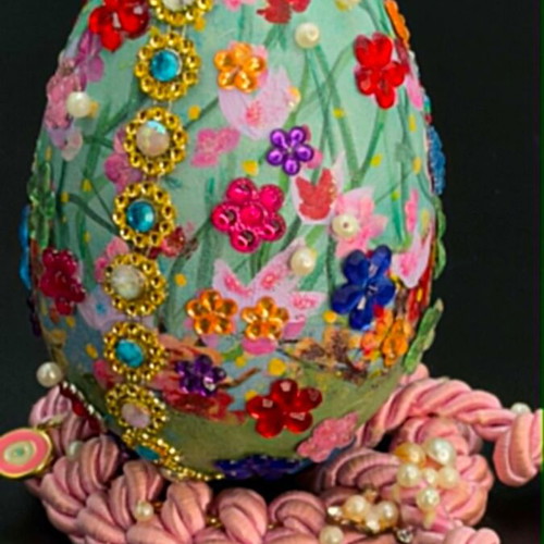 Handmade decorative plastic egg with floral design and beads, new