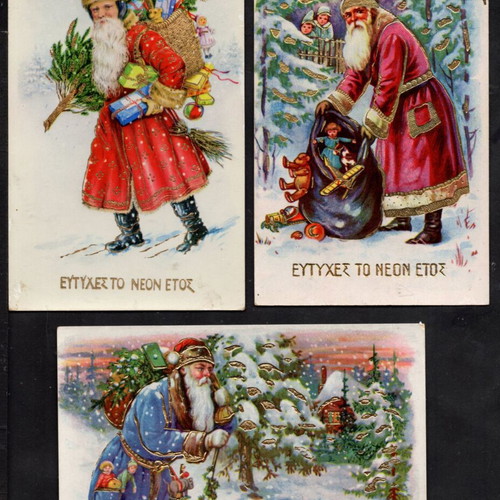 Artistic greeting postcards used, set of 3, 1936-1939