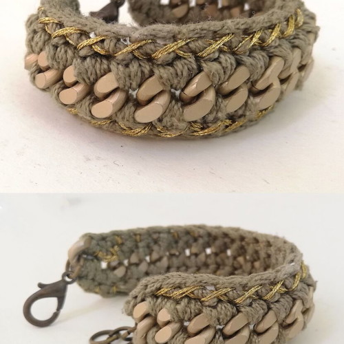 Handmade bracelet with olive green cotton crochet and gold color steel