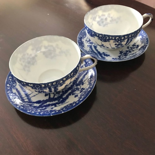 Chinese tea cups used, set of 2, fine white-blue porcelain