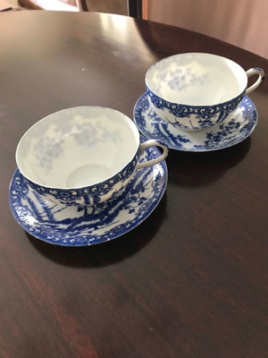 Chinese tea cups used, set of 2, fine white-blue porcelain