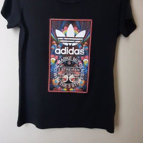Adidas women's T-shirt used, black with colorful print, size E38/UK12