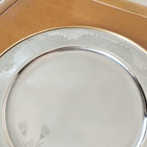 Vintage stainless steel serving tray 30cm with gold trim, mint condition