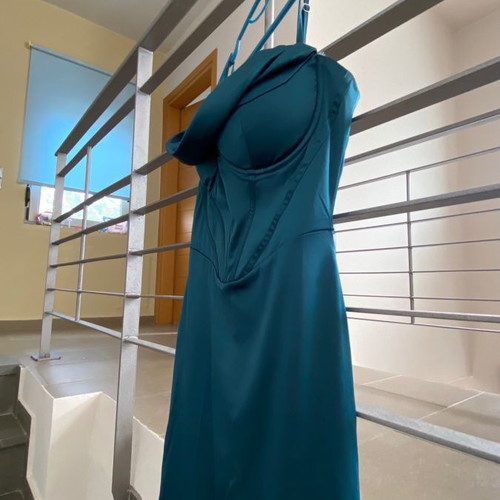 Petrol Satin Maxi Dress with Corset Used, Size M