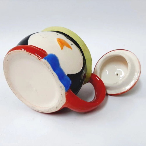 Vintage Glazed Ceramic Mug with Lid Hand Painted Penguin Design
