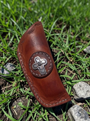 Handmade leather belt sheath for pocket knife, genuine cowhide