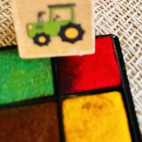 Moses wooden farm stamp set used, 8 pieces with ink pad