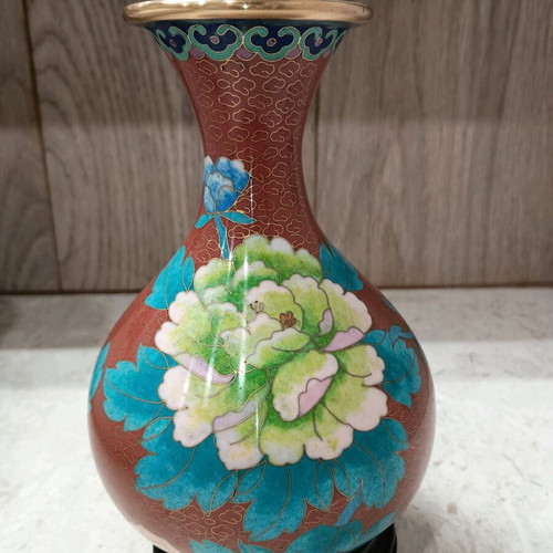 Pair of Vintage Cloisonné Vases Like New with Wooden Bases