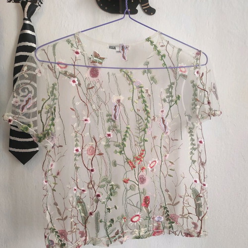 Transparent embroidered mesh blouse with floral designs, like new
