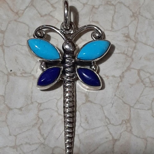 Dragonfly pendant sterling silver 925 with lapis lazuli and authentic turquoise new