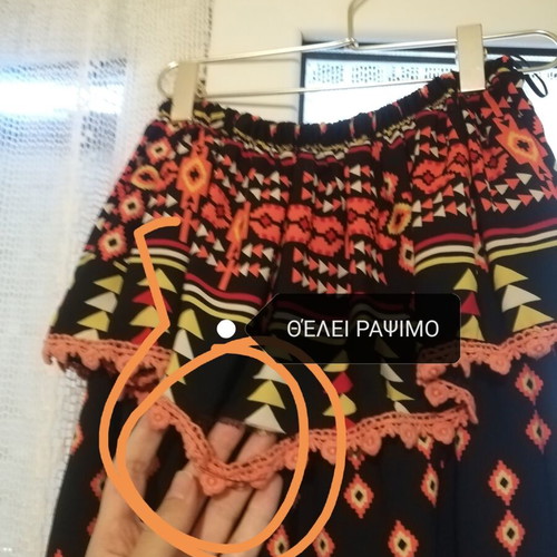 Strapless dress with Prive pattern used, black and orange, small-medium
