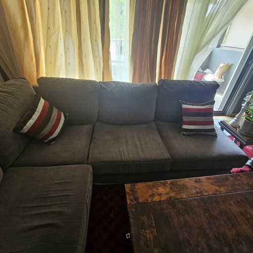 Corner sofa used, solid beech wood, gray, with ottoman extension
