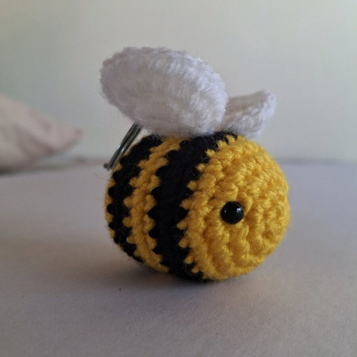 Knitted bee keychain handmade with silver ring made to order