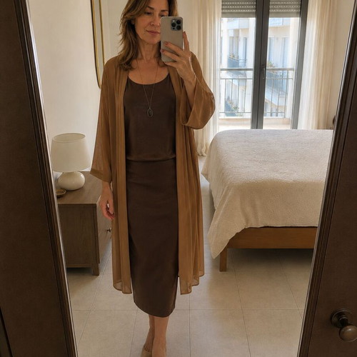Summer set with skirt, blouse and organza kazaka, like new, brown