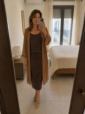 Summer set with skirt, blouse and organza kazaka, like new, brown