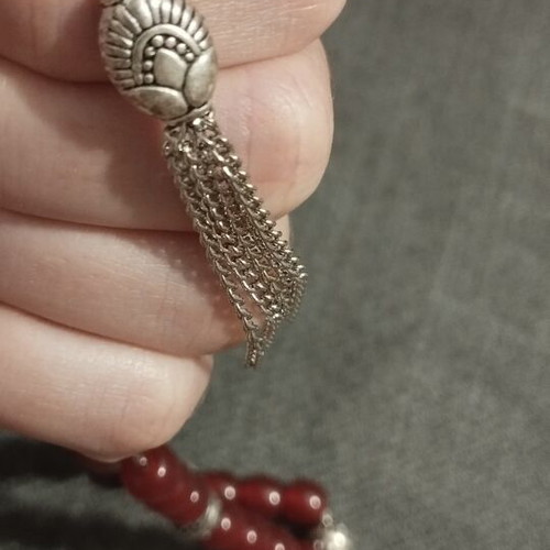 Handmade Komboloi with Red Semi-Precious Stones and Metal Tassel