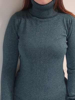 Knitted turtleneck sweater M&V like new, size S/M, petrol green glitter