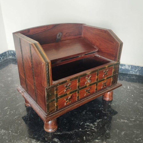 Handmade wooden chest with backrest and hidden storage vintage ethnic